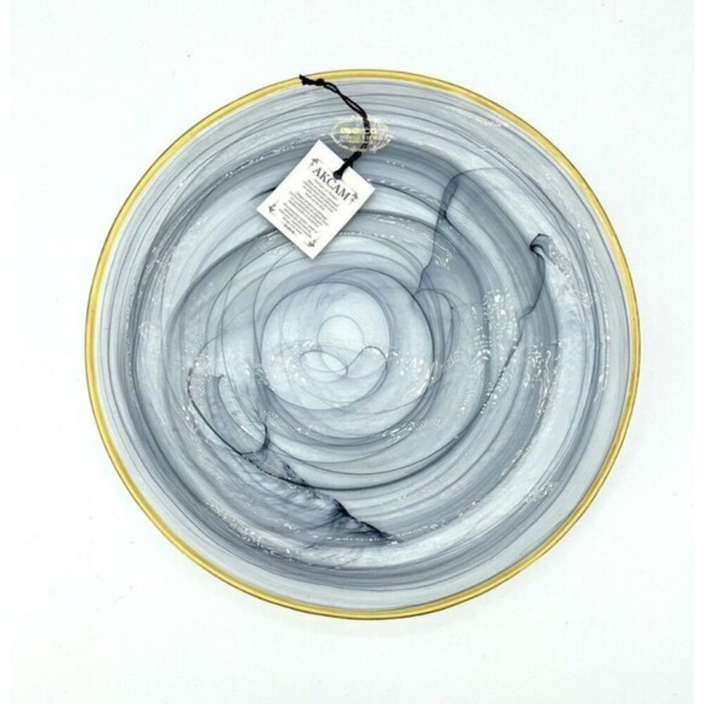 Akcam Turkish Glass 4 Plates Set Entrée Dinner Black Swirl Gold Rim 11" NWT